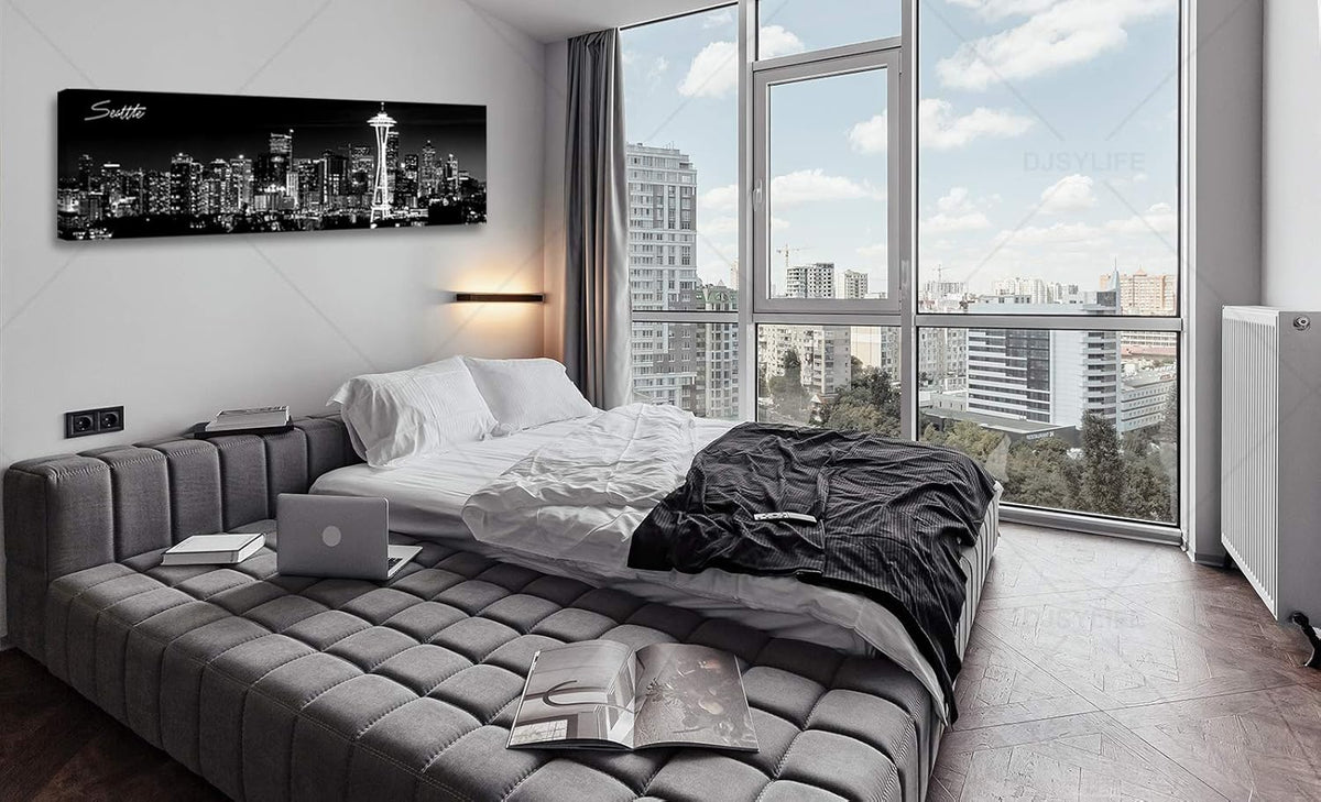 Seattle City Skyline Wall Art Black and White Canvas Prints Panorama Cityscape Picture Night View