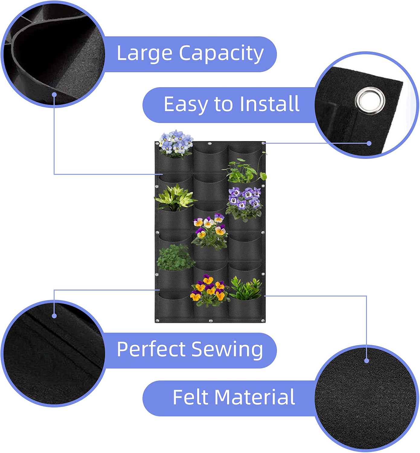 18 Pockets Hanging Planter Bags, Hanging Vertical Wall Mounted Plant Planting Grow Bags, Herb