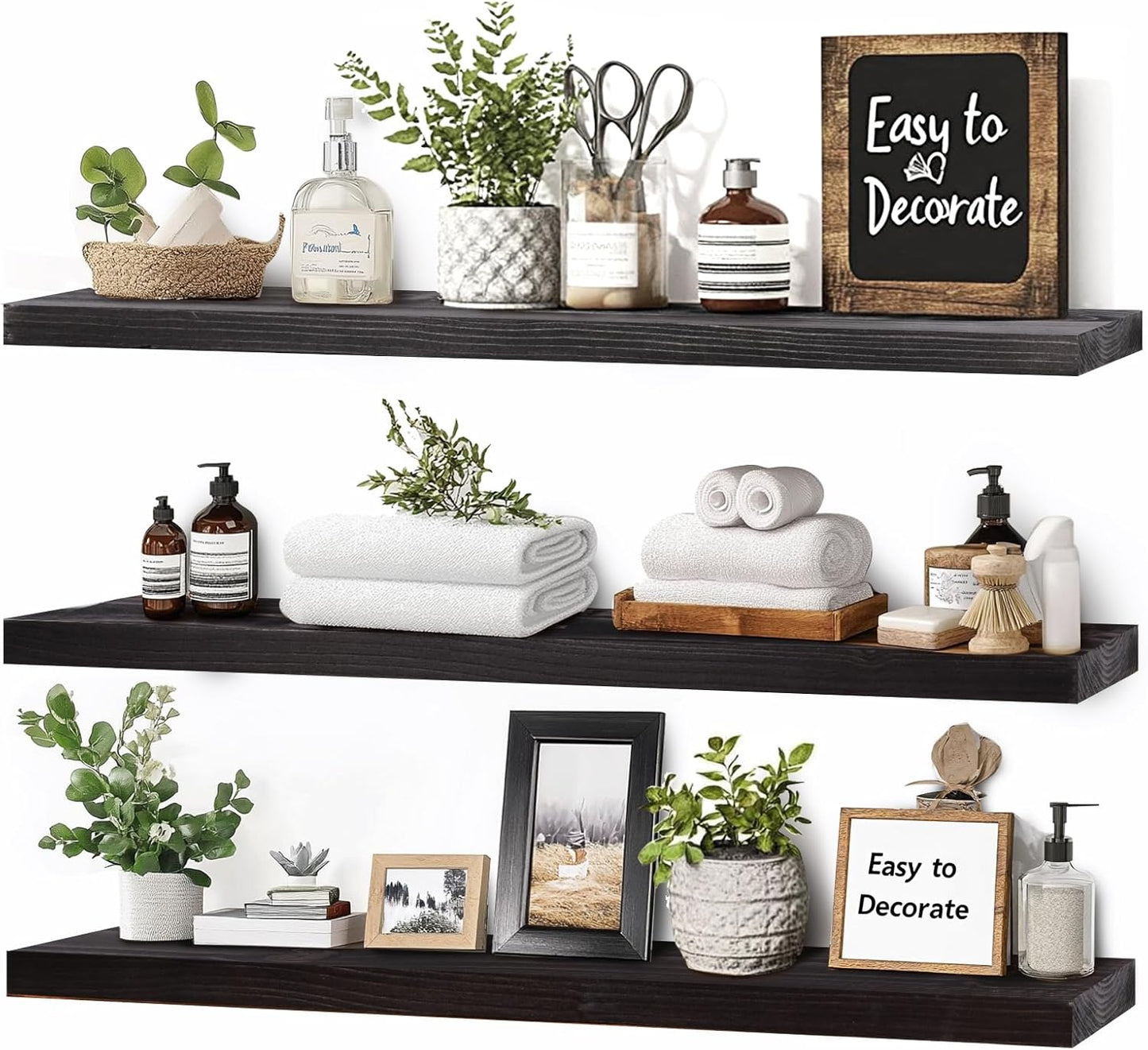 Floating Wall Shelves 3-Pack - 24-Inch Rustic Black Wooden Shelves for Storage and Décor, Easy