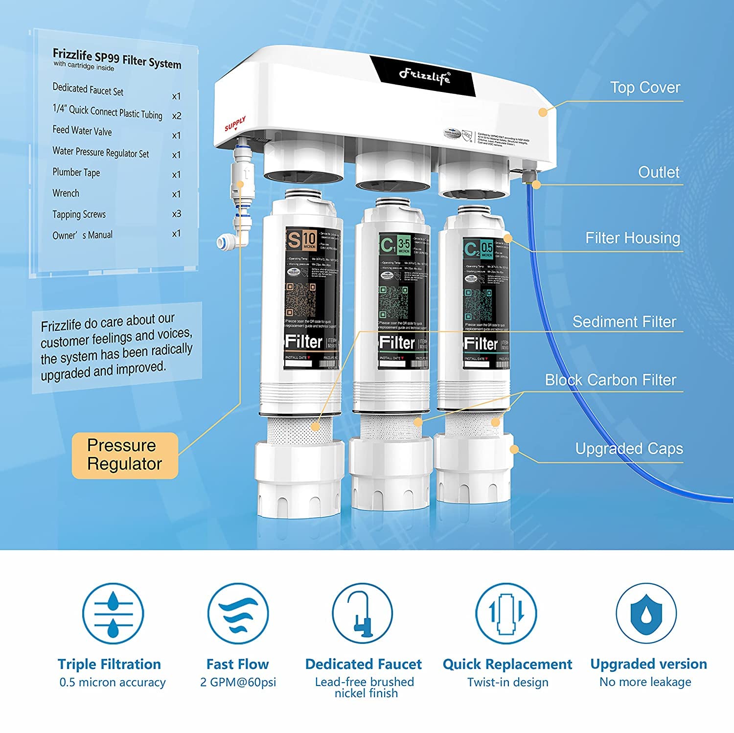 Frizzlife Under Sink Water Filter System with Brushed Nickel Faucet SP99-NEW, NSF/ANSI 42&53