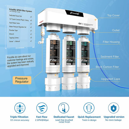 Frizzlife Under Sink Water Filter System with Brushed Nickel Faucet SP99-NEW, NSF/ANSI 42&53