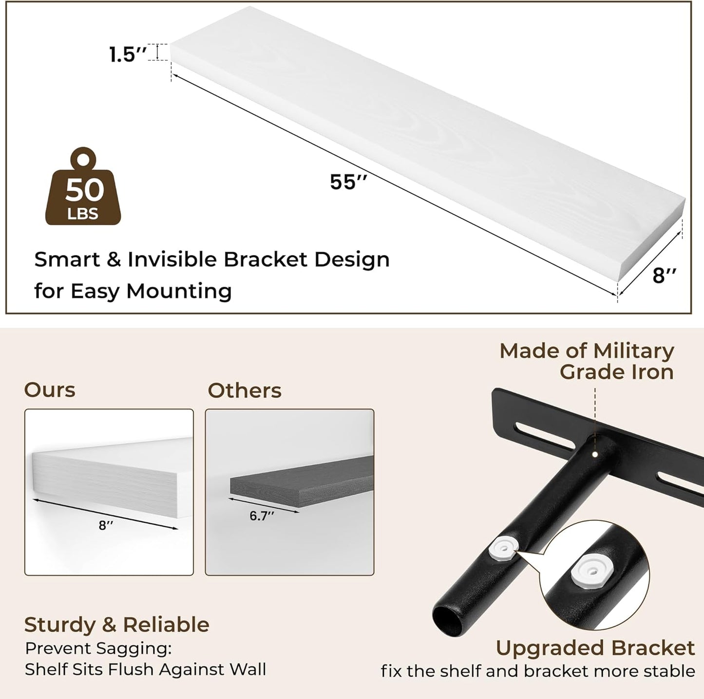 RICHFOCUS 55Inch Floating Shelves for Wall 1 Pack Shelves for Bedroom|Kitchen|Bathroom Wall Mounted