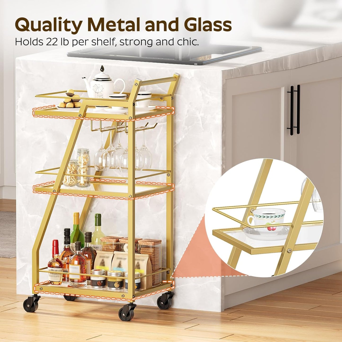 Bar Cart, 3-Tier Bar Cart for The Home, Home Bar Serving Cart with Glass Holders, Beverage Cart for