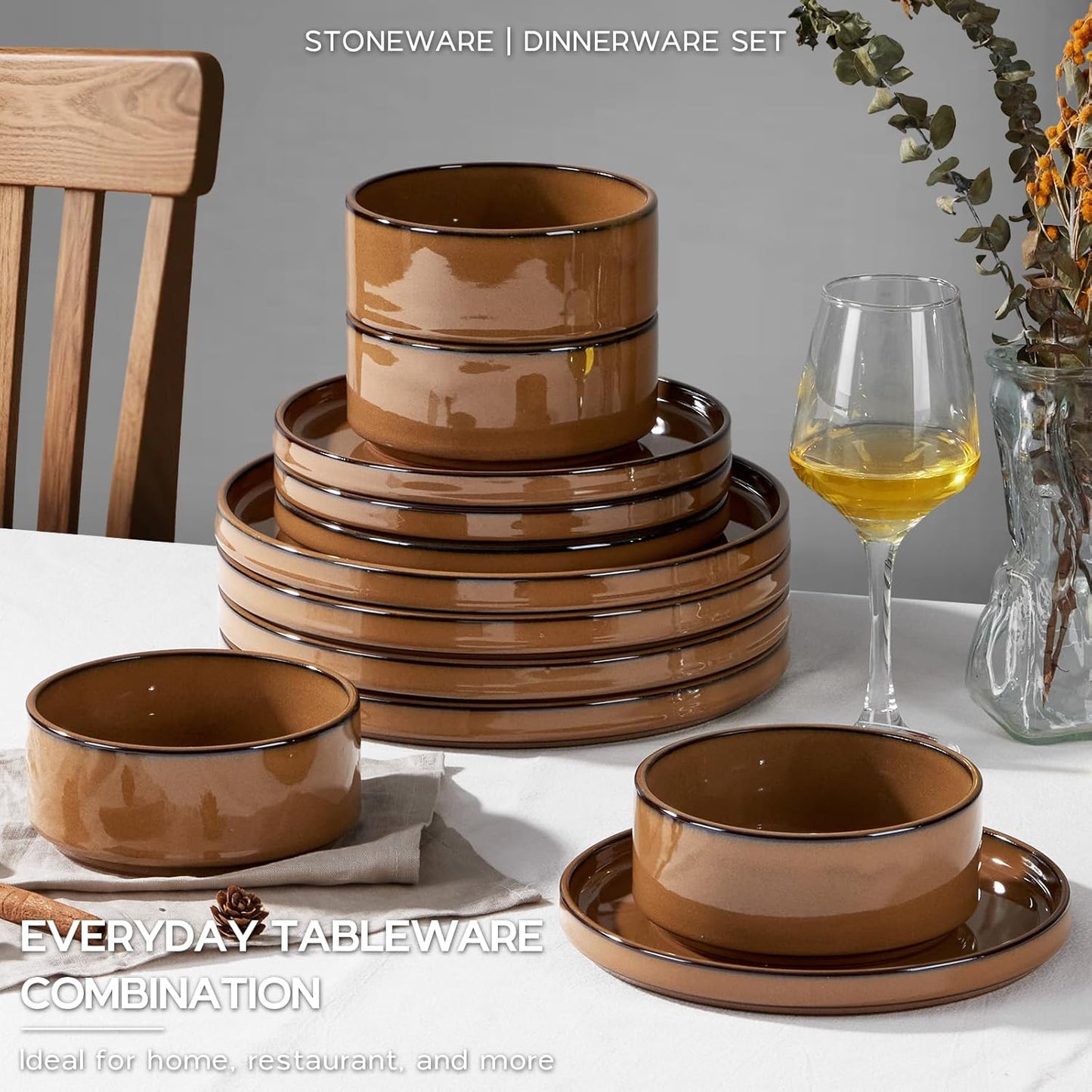 Onader Stoneware Dinnerware Sets for 4, Plates and Bowls with Unglazed Terracotta Bottom, Elegant