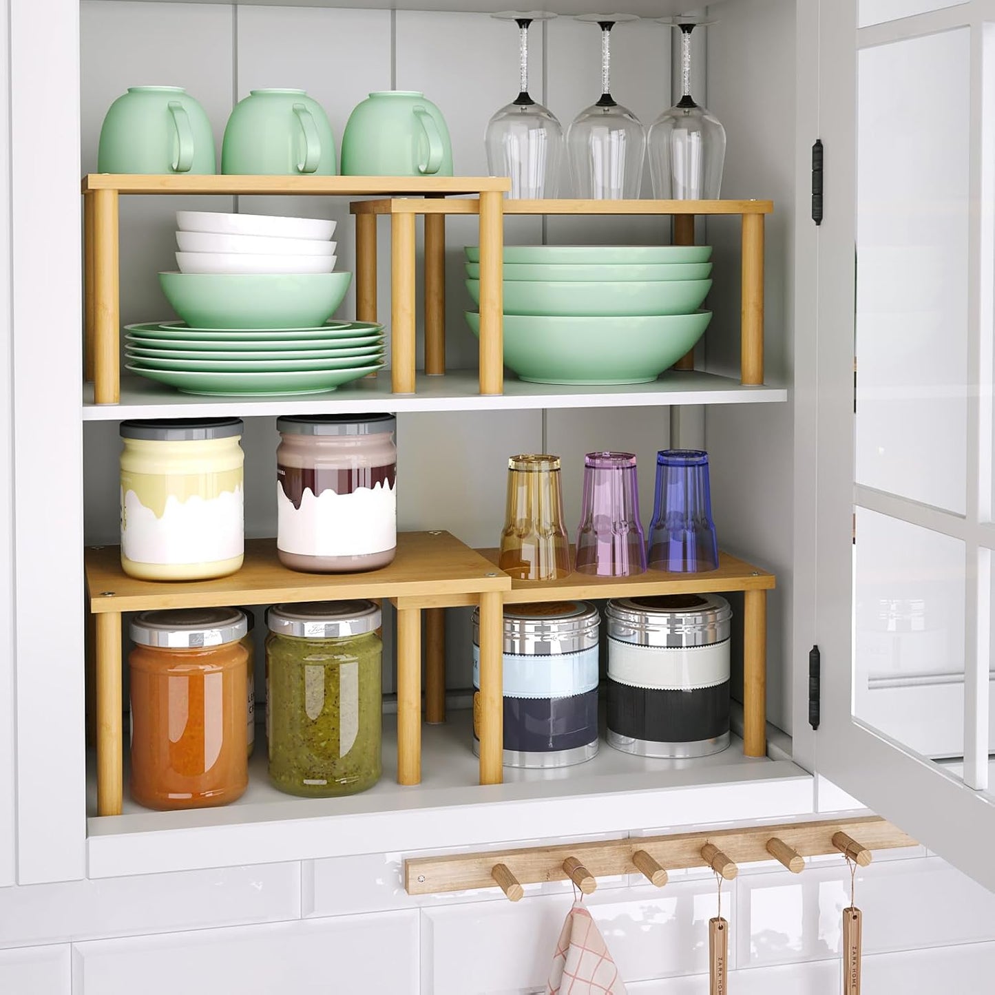 Cabinet Organizer Shelf(Set of 2),Kitchen Counter Shelves,Bamboo Stackable Expandable Spice Rack
