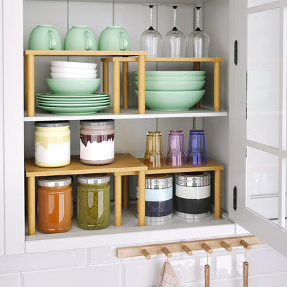 Cabinet Organizer Shelf(Set of 2),Kitchen Counter Shelves,Bamboo Stackable Expandable Spice Rack