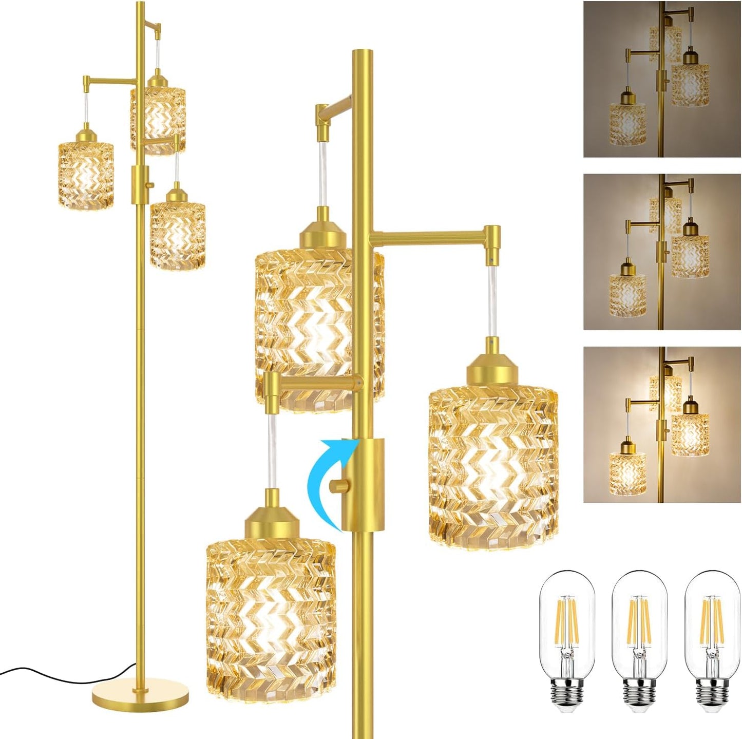 Gold Floor Lamp for Living Room Bedroom, 3-Light Vintage Standing Lamp Stained Glass, Mid Century