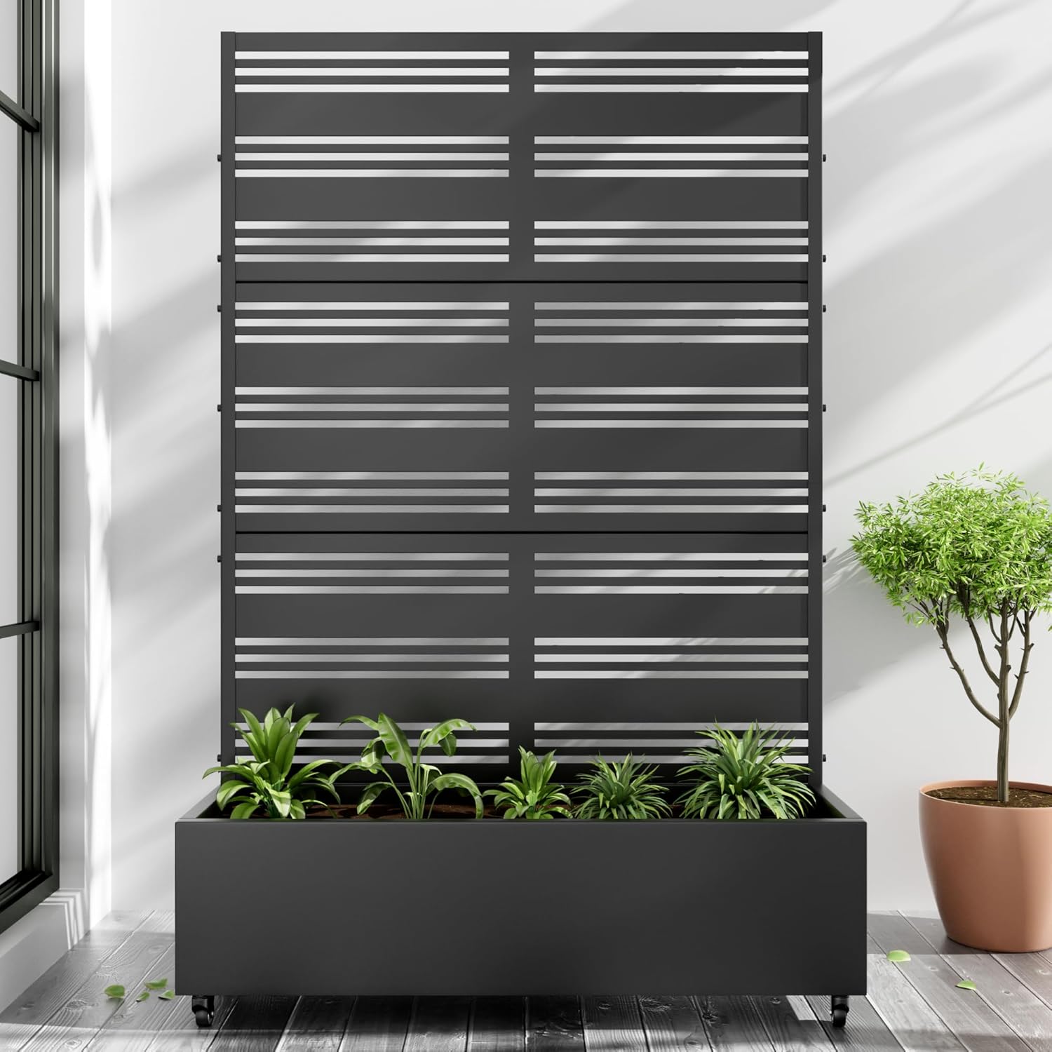 Casaphoria Metal Raised Garden Bed with Trellis and Wheels, 72"x47"x16" Planter Box for Climbing