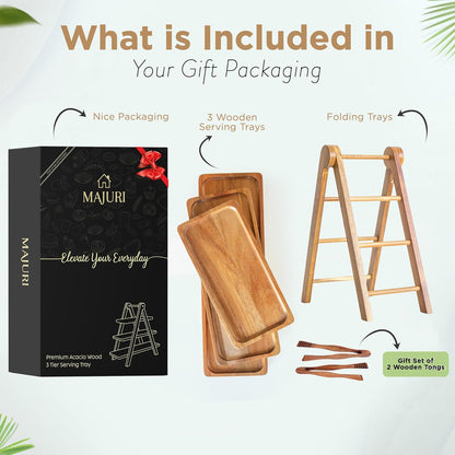 MAJURI 3 Tier Wooden Serving Tray, Set of 2 Tongs Free, Tiered Serving Trays & Platters for Party