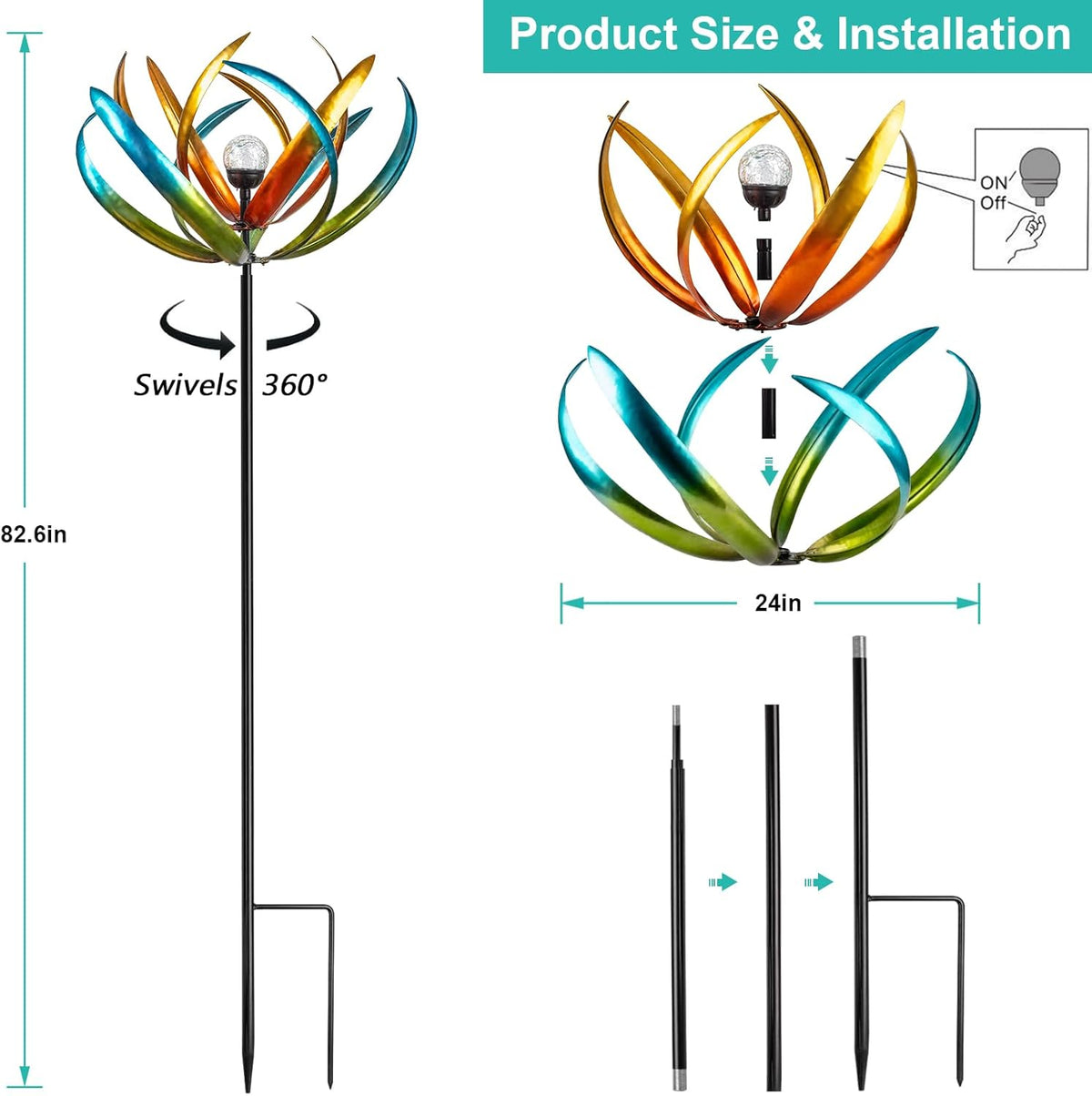 Large Solar Wind Spinners for Yard and Garden-82.6 Inch 360° Metal Wind Sculptures Outdoor