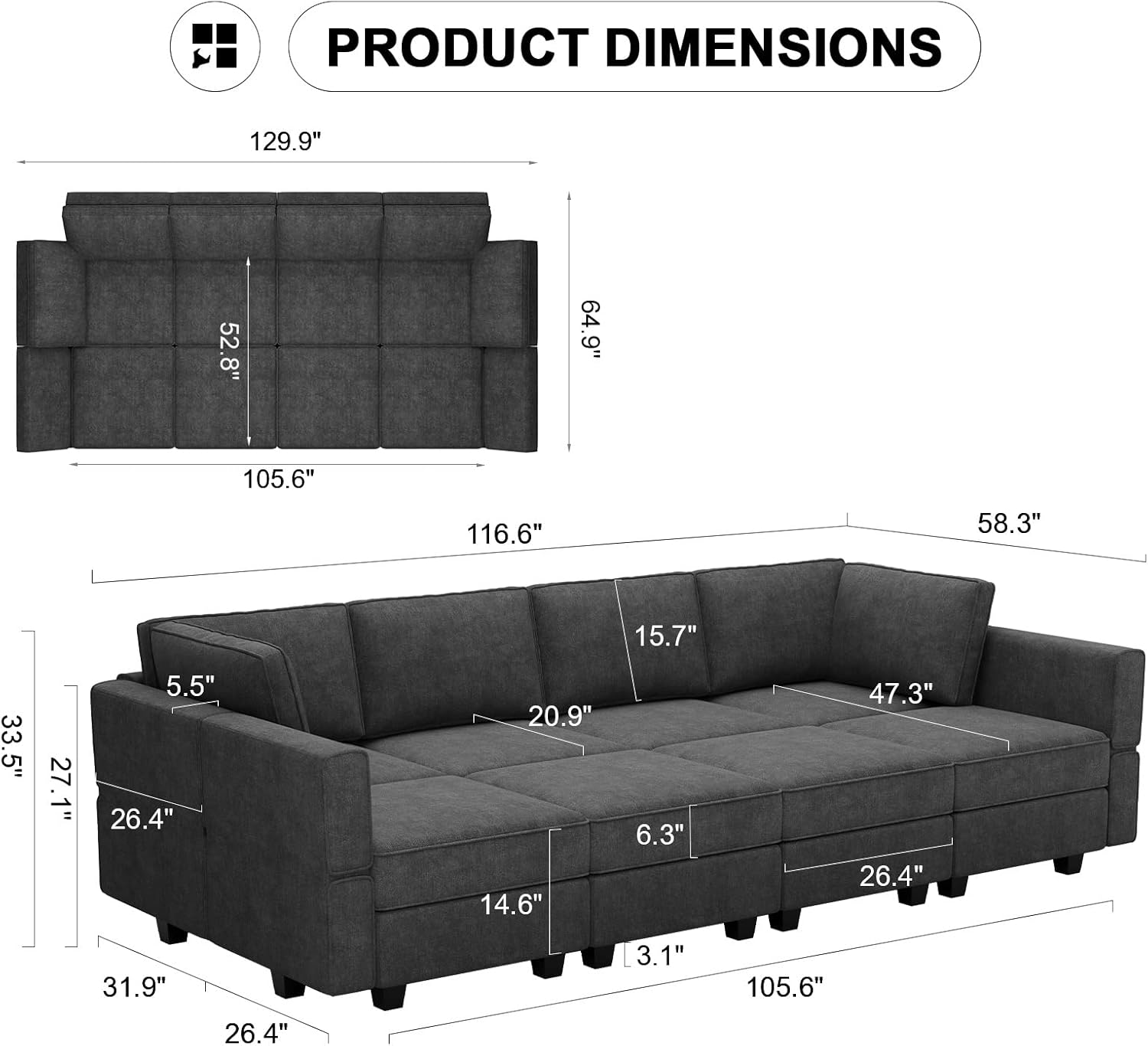 Belffin Modular Sectional Sleeper Sofa Bed Convertible Sectional Couches for Living Room. Black