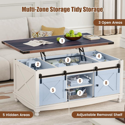 48" Farmhouse Lift Top Coffee Table with Storage Sliding Barn Door & Large Hidden Compartment