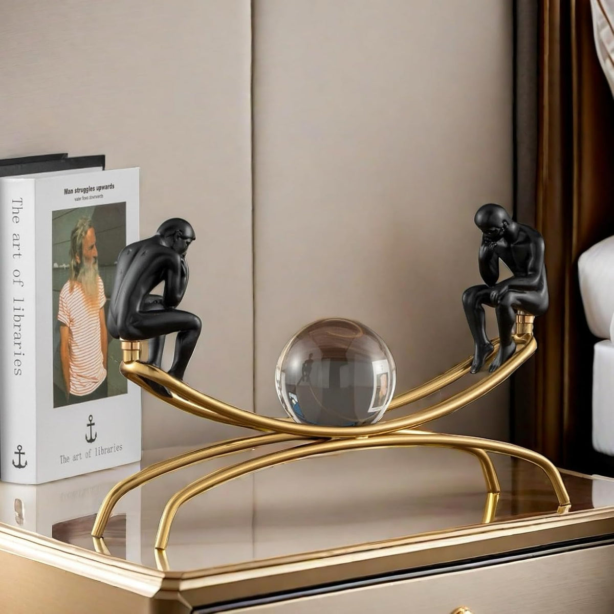 The Thinker Thinking Man Statue with Crystal Ball Sculpture Figurine, Home Office Living Room