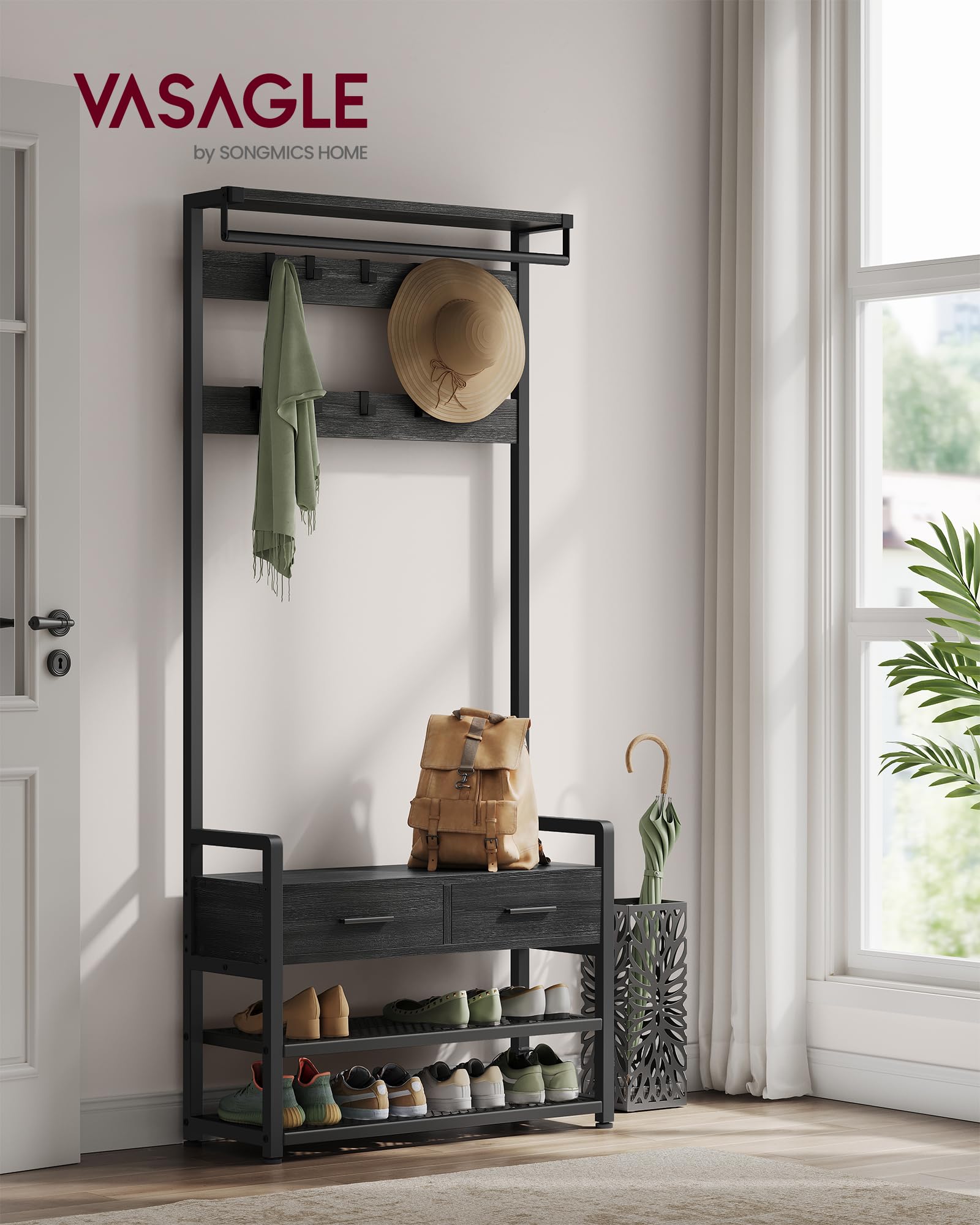 VASAGLE Hall Tree with Bench and Shoe Storage, 2 Fabric Drawers, 10 Hooks
