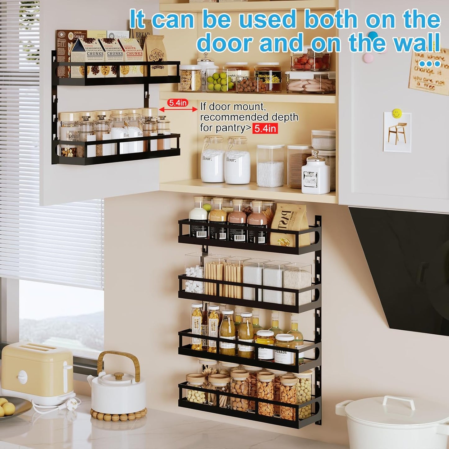 X-cosrack 6-Tier Wall-Mounted Spice Rack Organizer with Mixed Basket Sizes, Height-Adjustable