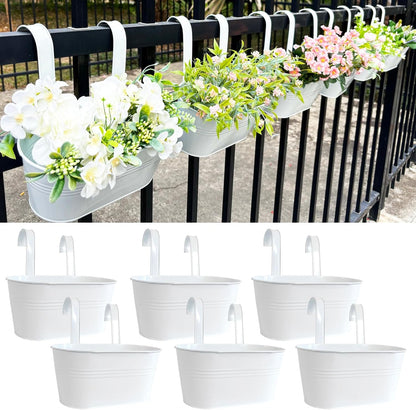 10" Hanging Flower Pots, Pack of 6 White Metal Outdoor Patio Balcony Planter, Railing Planters