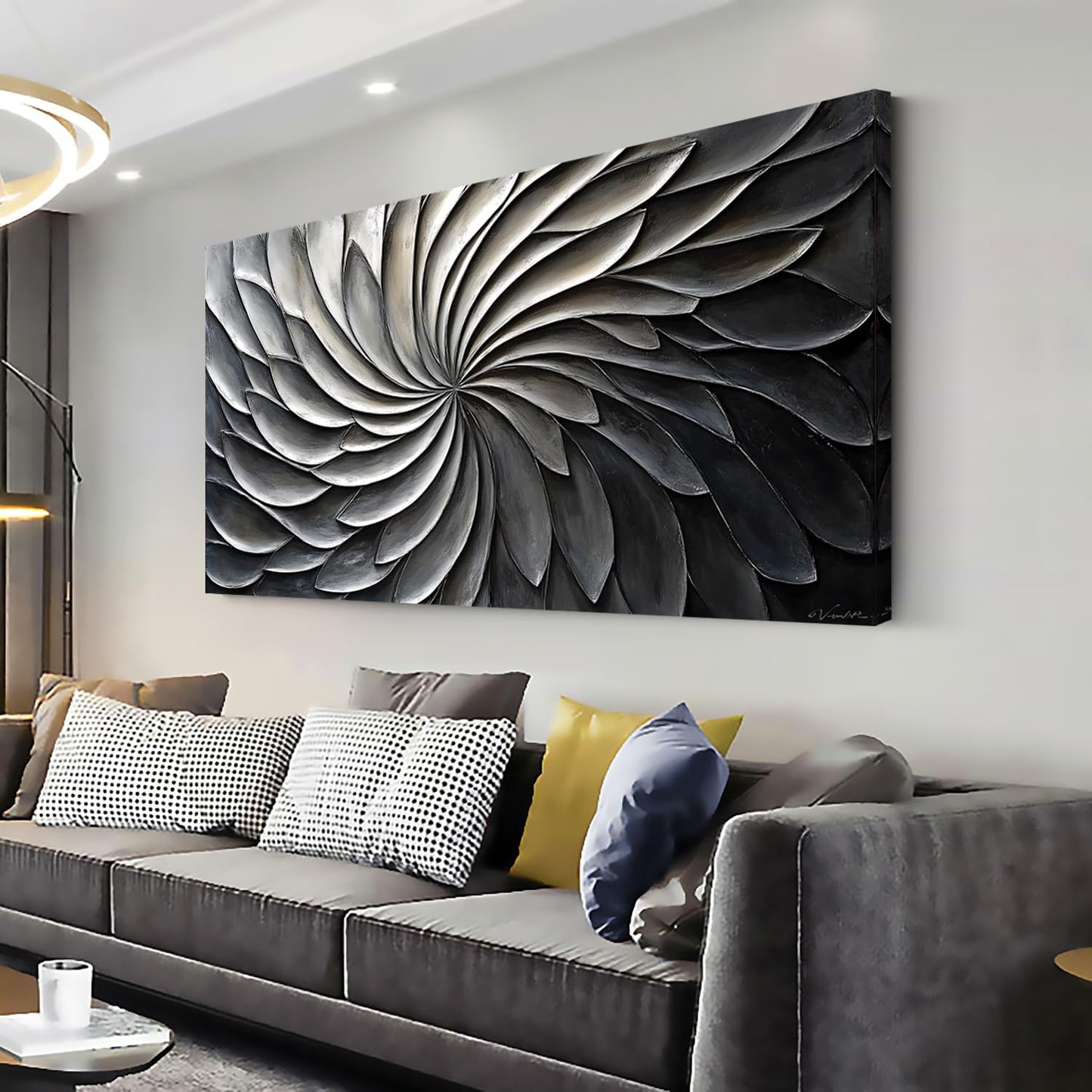 LASMOND Abstract Black and White Wall Art for Living Room Modern Canvas Print Painting Lines Flower