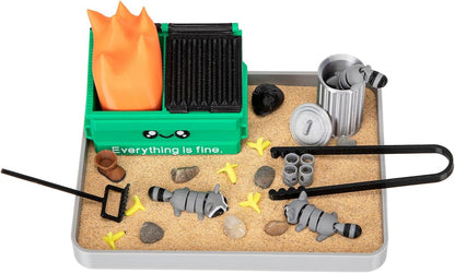 Stylor Dumpster Fire Zen Garden Desk Decor - Miniature Sandbox with Raccoon & Flames, Humorous