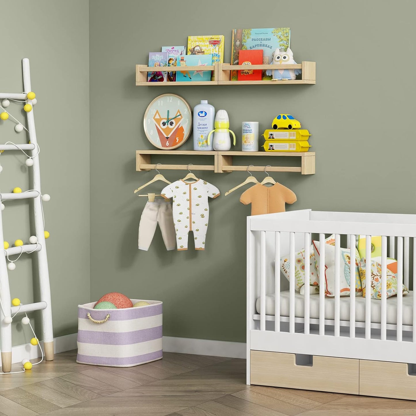 Forbena Natural Wood Nursery Book Shelves Wall Mounted, Floating Bookshelf for Kids Room, Toys and