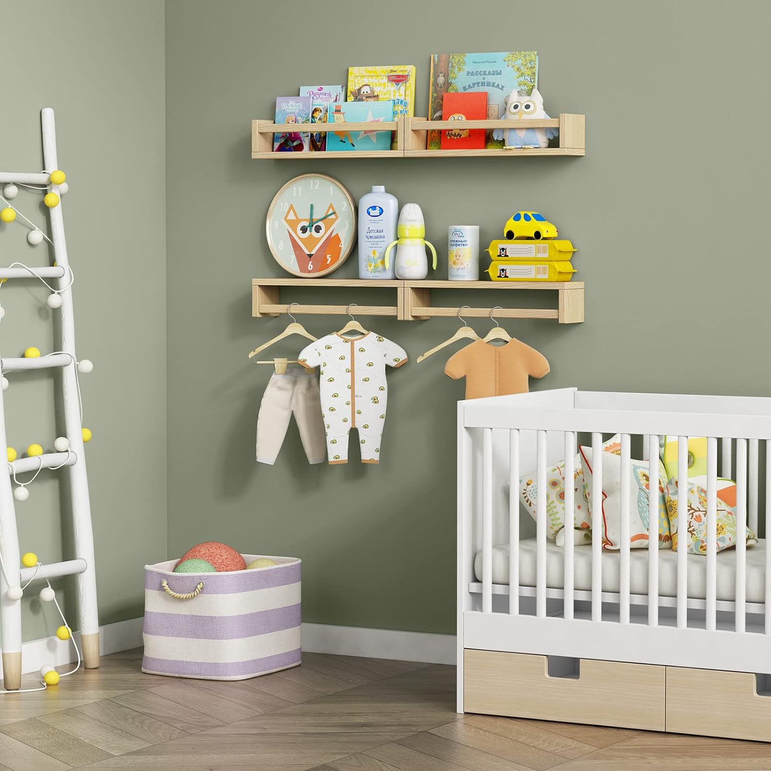 Forbena Natural Wood Nursery Book Shelves Wall Mounted, Floating Bookshelf for Kids Room, Toys and