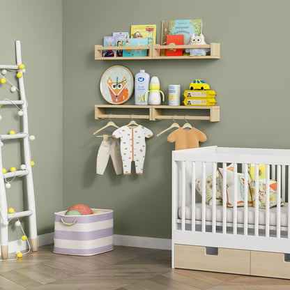 Forbena Natural Wood Nursery Book Shelves Wall Mounted, Floating Bookshelf for Kids Room, Toys and