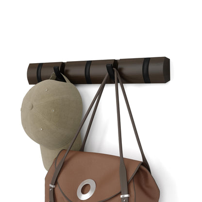 Umbra Flip Coat Rack, Wall Mounted 5-Hook Space Saving, Walnut/Black
