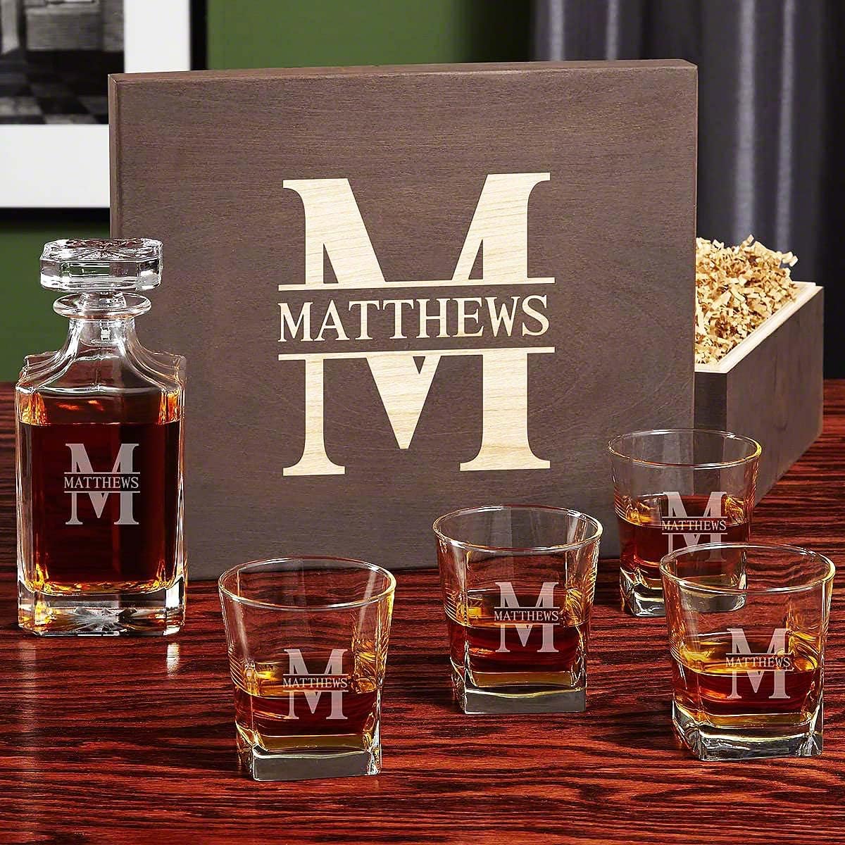 Personalized Whiskey Decanter Set with 4 Glasses and Custom Wood Box - 9 Design Options - Bourbon