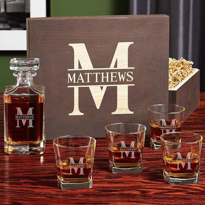 Personalized Whiskey Decanter Set with 4 Glasses and Custom Wood Box - 9 Design Options - Bourbon