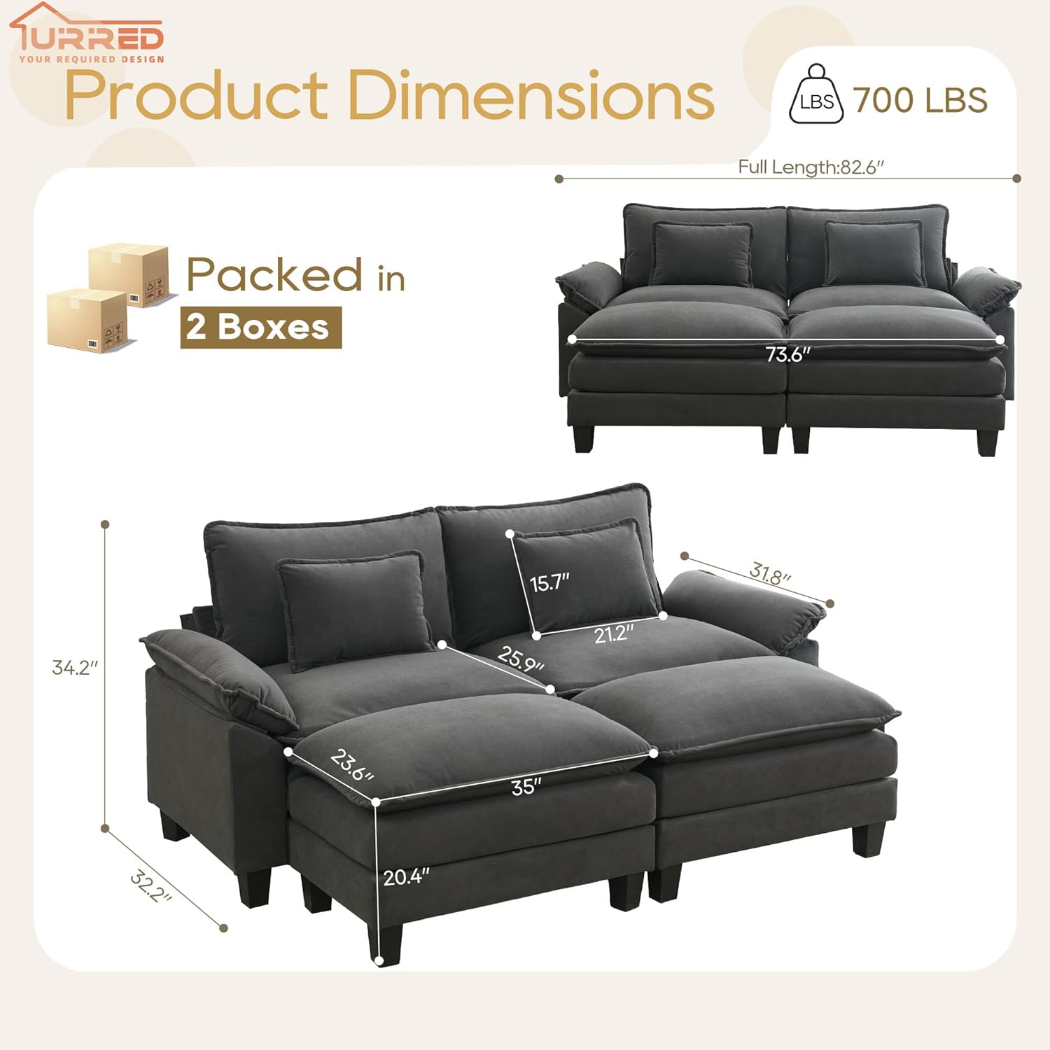URRED Modular Sectional Sofa Comfy Cloud Couch, Modern Velvet Sofa Sleeper Deep Seat Couches with