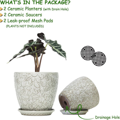 8 Inch + 6 Inch Retro Ceramic Planter Set of 2 with Drainage Hole and Saucer for Multiple Plants