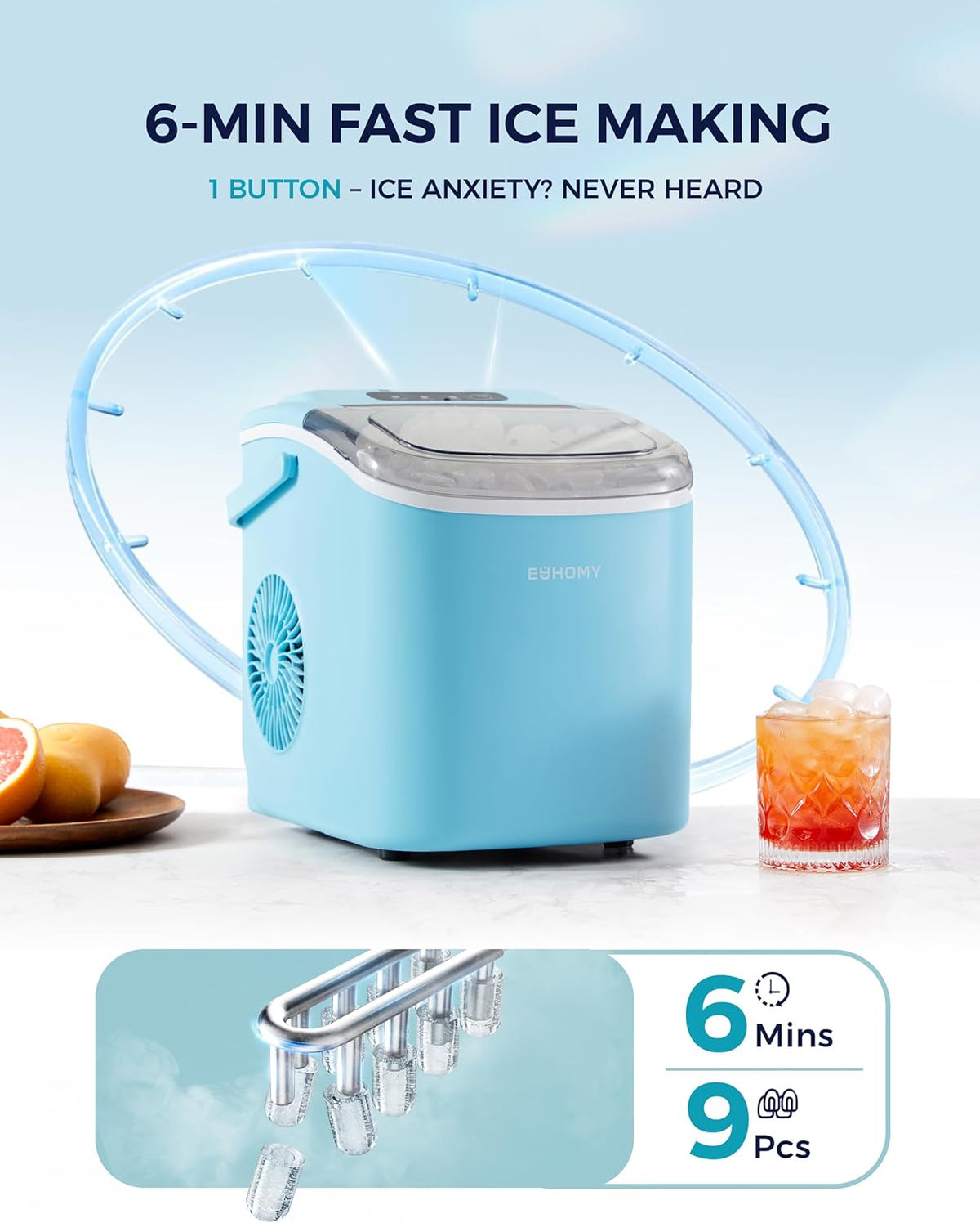 EUHOMY Countertop Ice Maker Machine with Handle, 26lbs Per Day, 9 Ice Cubes Ready in 6 Mins