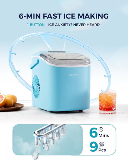 EUHOMY Countertop Ice Maker Machine with Handle, 26lbs Per Day, 9 Ice Cubes Ready in 6 Mins