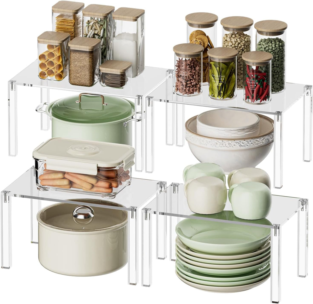 Clear Cabinet Organizer: Acrylic Shelf Riser Set of 4 for Kitchen Pantry Organizers and Storage