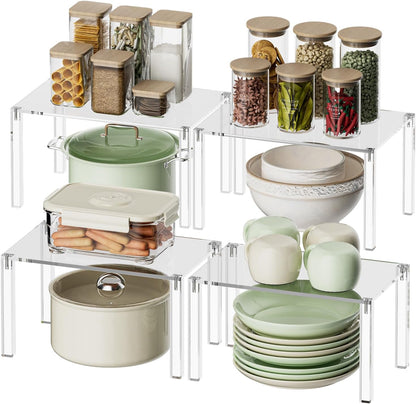 Clear Cabinet Organizer: Acrylic Shelf Riser Set of 4 for Kitchen Pantry Organizers and Storage