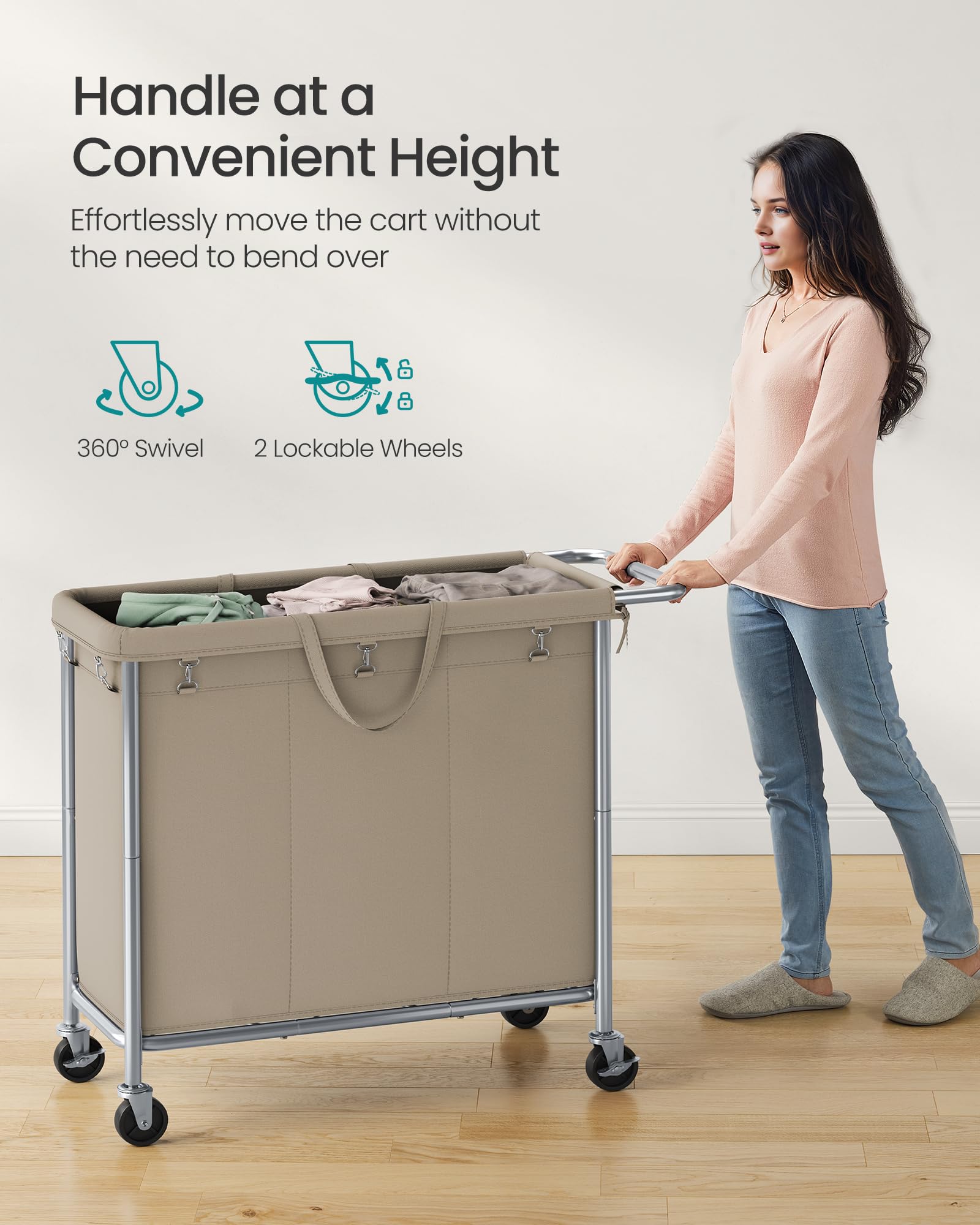 SONGMICS Laundry Basket with Wheels, 3-Section, 52.7 Gallons (199.5 L)