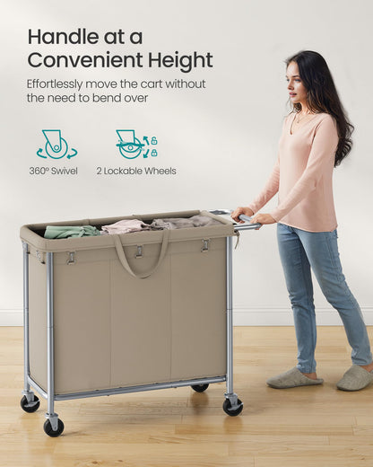 SONGMICS Laundry Basket with Wheels, 3-Section, 52.7 Gallons (199.5 L)