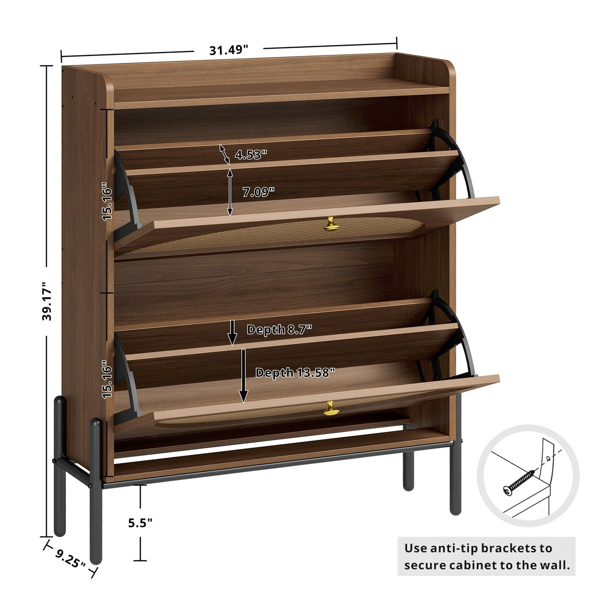 IRONCK Rattan Shoe Cabinet Storage with 2 Flip Drawers, Walnut