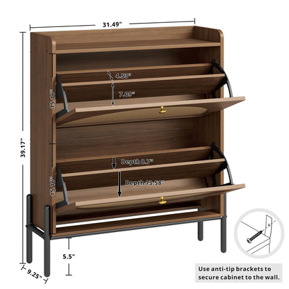 IRONCK Rattan Shoe Cabinet Storage with 2 Flip Drawers, Walnut