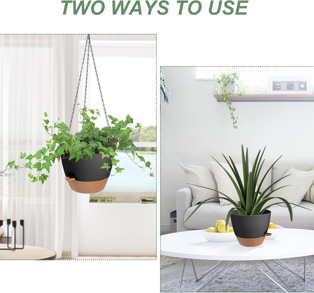 Hanging Planters for Indoor Outdoor Plants, 2 Pack Self Watering Hanging Pot with Drainage Holes &