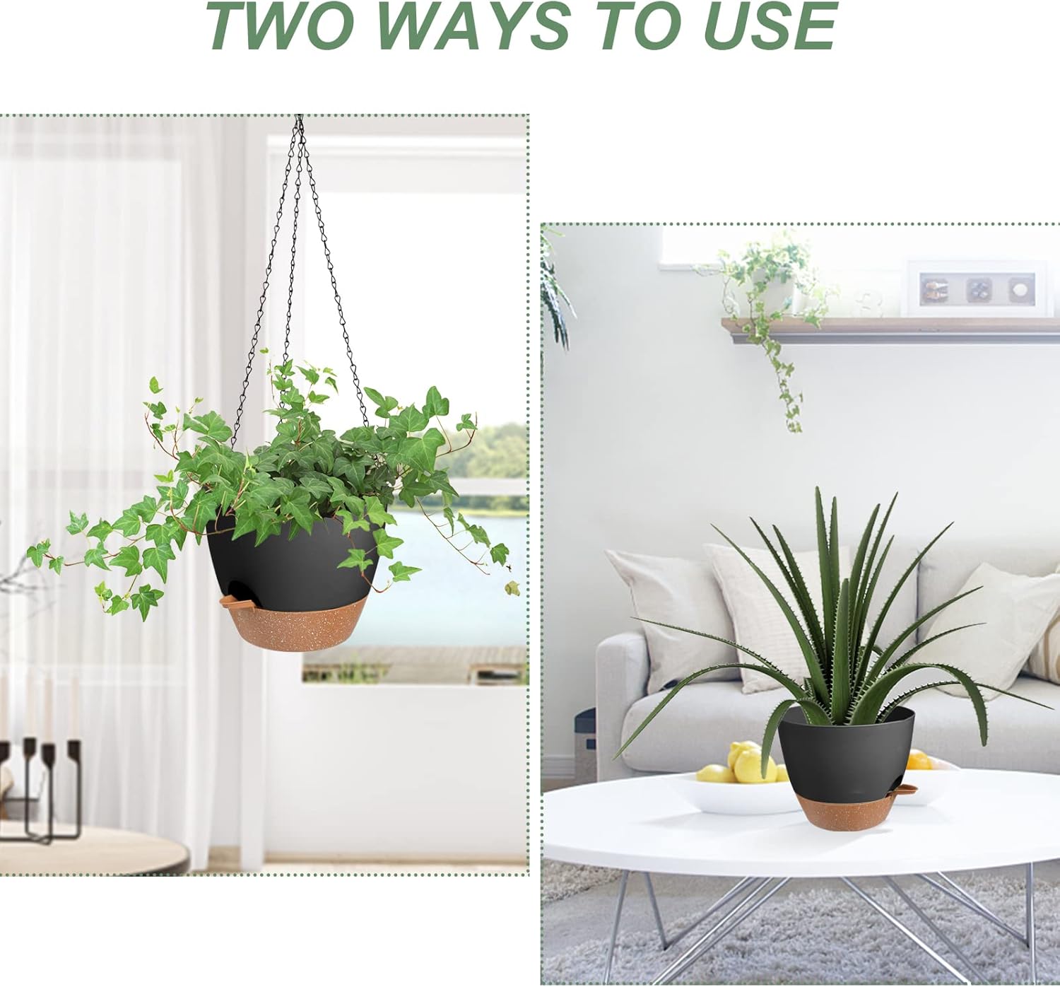 Hanging Planters for Indoor Outdoor Plants, 2 Pack Self Watering Hanging Pot with Drainage Holes &