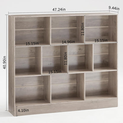 LEYAOYAO 10 Cube Bookshelf with Base,3 Tier Mid-Century Modern Grey Bookcase,Standing Wide