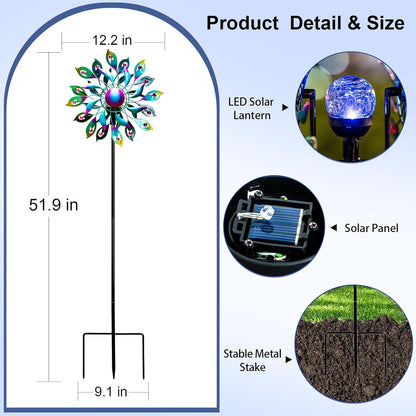 360°Peacock Solar Wind Spinner with Lights Blue Metal Garden Outdoor Decor Yard Lawn Art Decor for