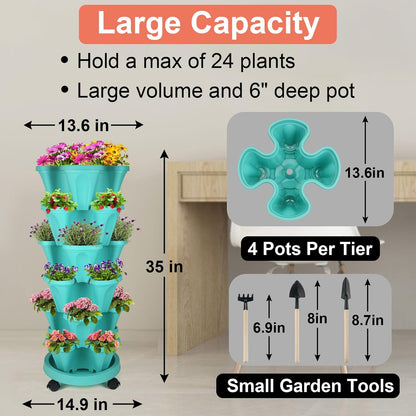 DUNCHATY Stackable Planter, Vertical Garden Planter with Wheels and Tools, Self Watering Strawberry
