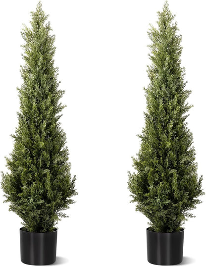 4 FT Artificial Cedar Topiary Trees 2 Set, Realistic Fake Cypress Tree Tall Faux Pine Shrubs Plants