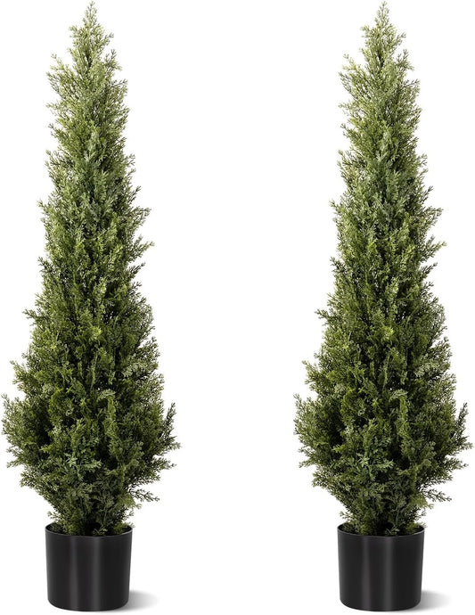 4 FT Artificial Cedar Topiary Trees 2 Set, Realistic Fake Cypress Tree Tall Faux Pine Shrubs Plants