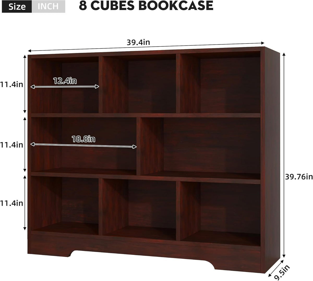Book Shelf, 8 Cubes Storage Organizer, 3-Tier Open Shelf Wooden Bookcase, Freestanding Cherry