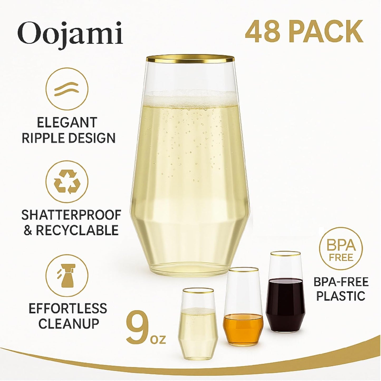 48 Pack Diamond Unbreakable Stemless Plastic Wine Stemless Toasting coacktail Glasses, Durable 9 Oz