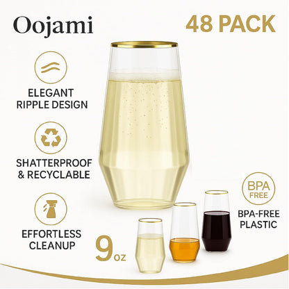 48 Pack Diamond Unbreakable Stemless Plastic Wine Stemless Toasting coacktail Glasses, Durable 9 Oz