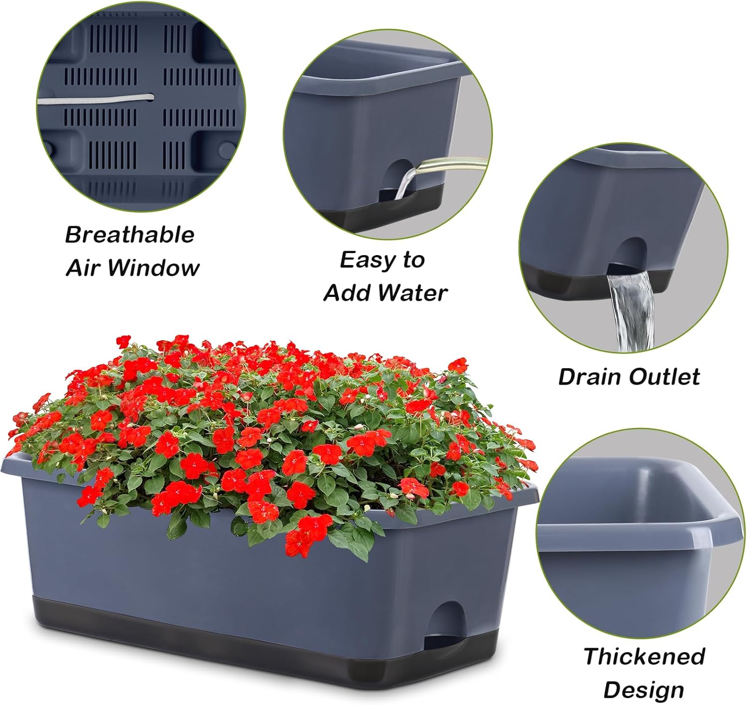 Window Box Planter 8 Pcs, 17 Inches Rectangle Flower Pots with Drainage Holes and Trays, Vegetable