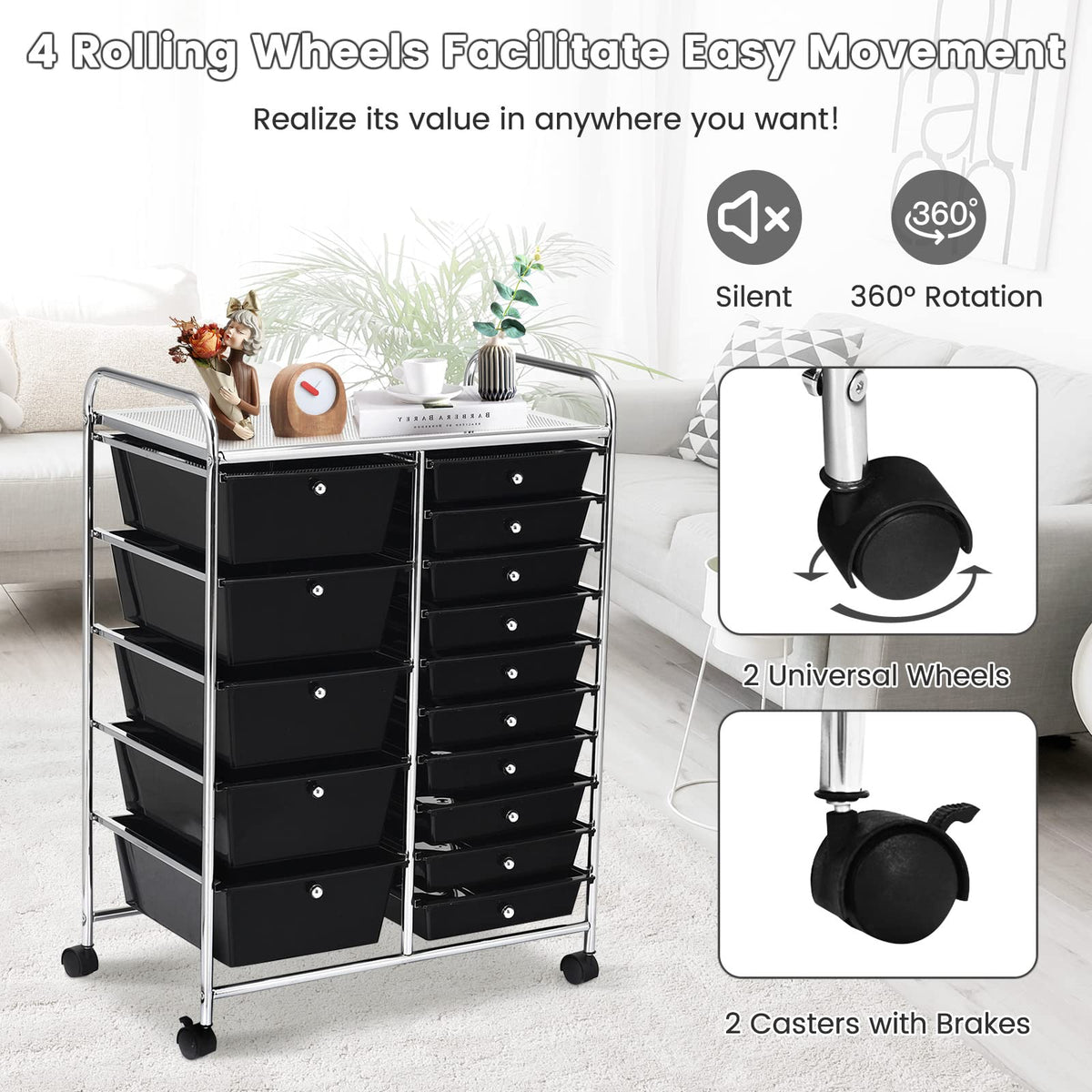 HOMGX Storage Cart with 15 Drawers, 15 Drawer Organizer Trolley, 15 Tiers Storage Trolley, File and
